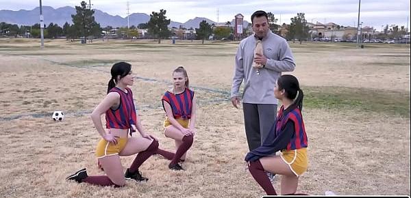  Soccer girls team Avery Black, Coco Lovelock, and Diana Grace make a naughty move on their resting coach.